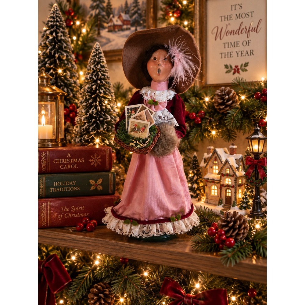 Byers Choice The Carolers 03 Victorian Shopper Pink Dress Christmas Cards Basket
